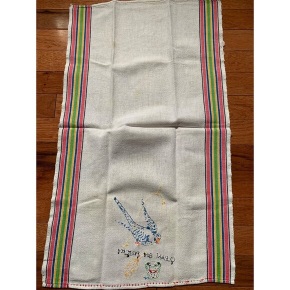 Vintage Clean on Friday Hand Embroidered Bird on Swing Hand Towel - Picture 7 of 8